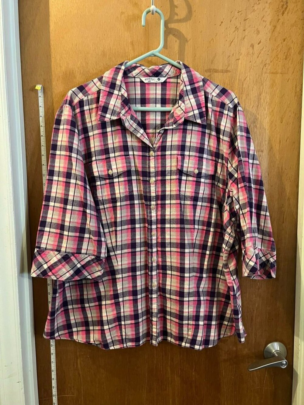 🐻Size 3X - Riders By Lee - Pink and Blue Plaid Half Sleeve Button-Down